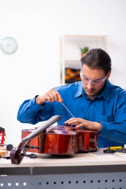 Genç erkek çello tamircisi.