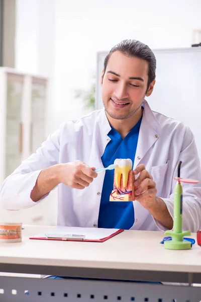 Jonge mannelijke tandarts werkzaam in de kliniek — Stockfoto