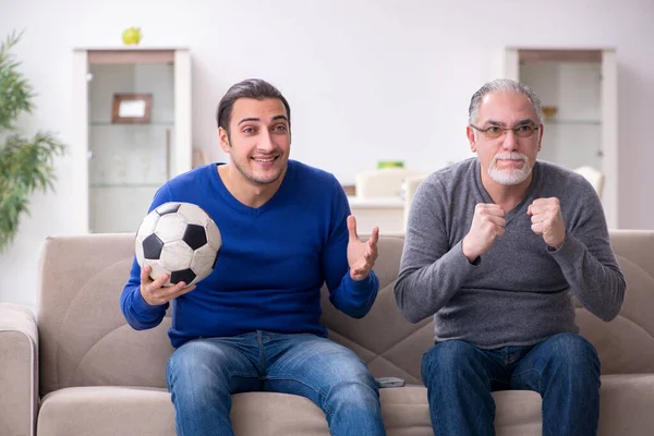 Father and son watching soccer on tv