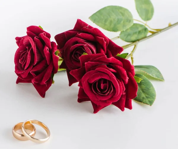 Conceito de casamento com anéis e rosas — Fotografia de Stock