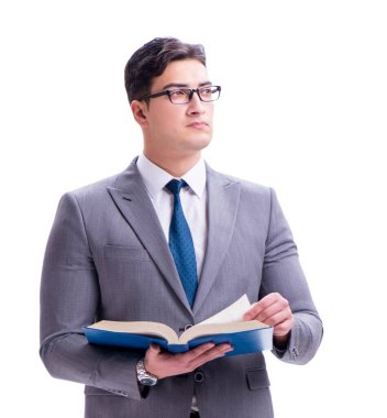 Beyaz sırtında izole edilmiş bir kitap okuyan işadamı öğrencisi