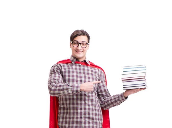 Super hrdina student s knihami izolovaných na bílém — Stock fotografie