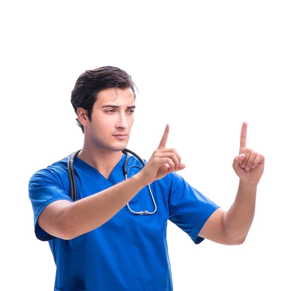 Jeune médecin masculin appuyant sur des boutons isolés sur blanc Photo De Stock