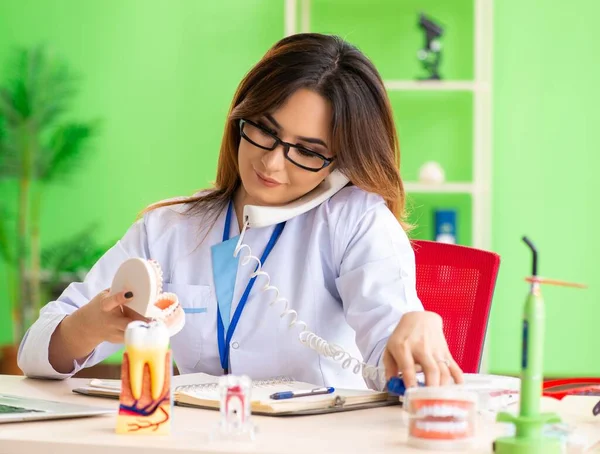 Mujer dentista trabajando en implantes dentales —  Fotos de Stock