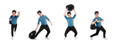 Sırt çantalı öğrenci beyaza izole edilmiş.