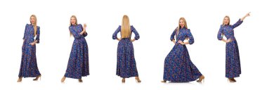 Mavi çiçekli elbisesi olan genç bir kadın, beyaz tenli.