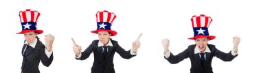 Beyaz üzerinde Amerikan sembolleri olan genç bir kadın.