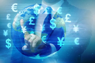 İş adamıyla küresel para transferi ve döviz konsepti