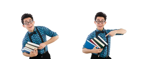 Grappige student met stapel boeken — Stockfoto