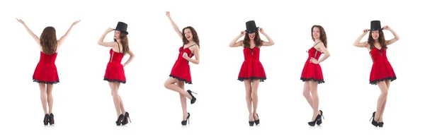 Jovem modelo feminino posando em mini vestido vermelho — Fotografia de Stock