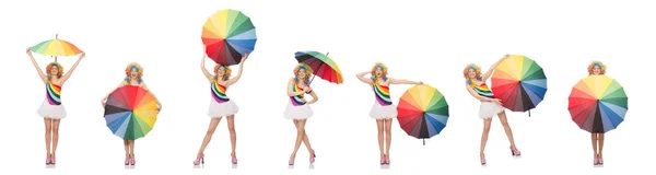 Жінка з барвистою парасолькою на білому — стокове фото