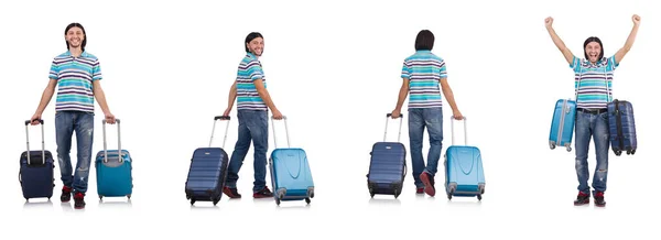 Young man travelling with suitcases isolated on white — Stock Photo, Image