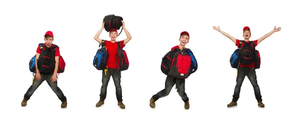 Young traveller with backpack isolated on white — Stock Photo, Image