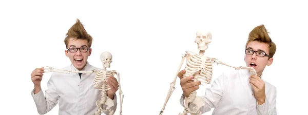 Смешной доктор со скелетом, изолированным на белом — стоковое фото