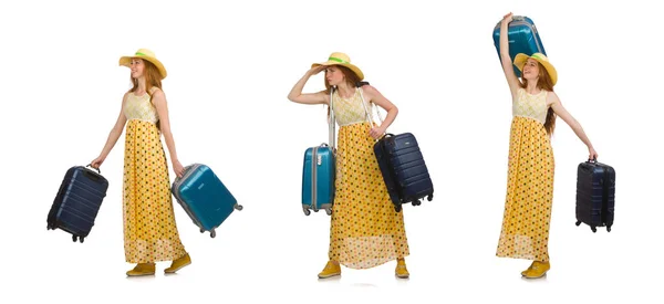 Woman ready for summer travel isolated on white — Stock Photo, Image