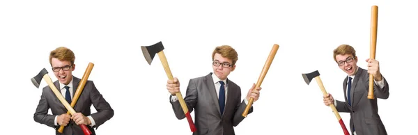 Молодий бізнесмен зі зброєю ізольований на білому — стокове фото