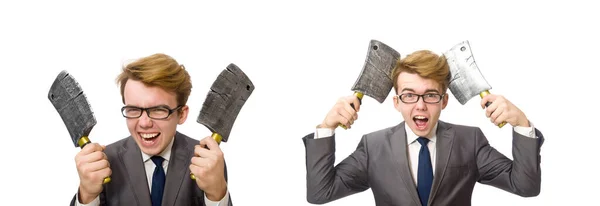 Young businessman with weapon isolated on white — Stock Photo, Image