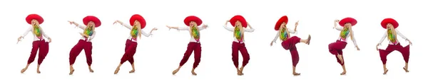 Mexikanisches Mädchen mit Sombrero, das auf Weiß tanzt — Stockfoto