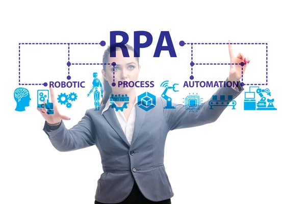 Zakenvrouw drukt op knoppen in RPA concept — Stockfoto