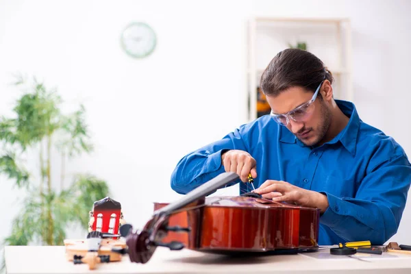 Genç erkek çello tamircisi.