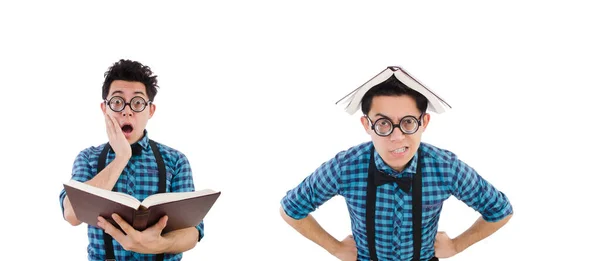 Estudiante divertido con libros sobre blanco —  Fotos de Stock