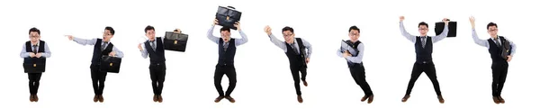 Смішний бізнесмен з портфелем ізольовані на білому — стокове фото