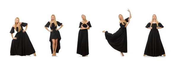 Висока жінка в довгій чорній сукні ізольована на білому — стокове фото