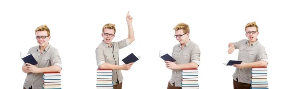 Étudiant drôle avec pile de livres — Photo