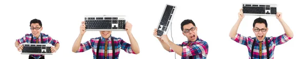 Komputerowy nerd z klawiaturą izolowaną na białym — Zdjęcie stockowe
