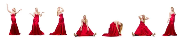 Frau im hübschen roten Abendkleid isoliert auf weiß — Stockfoto