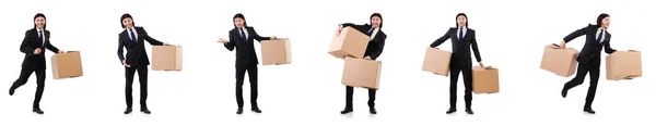 Funny man with boxes on white — Stock Photo, Image