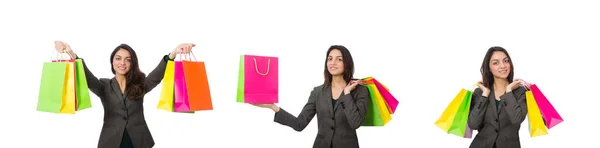 Attractive woman with shopping bags isolated on white — Stock Photo, Image