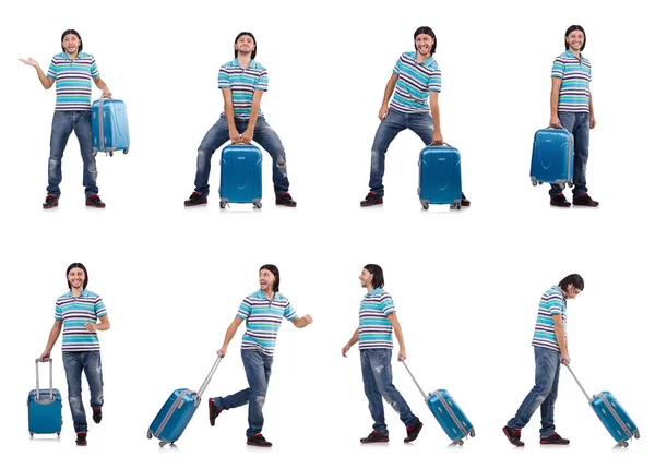 Junger Mann mit Koffer isoliert auf weißem Grund — Stockfoto