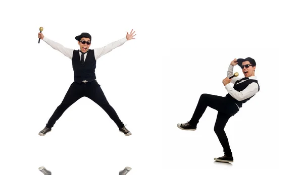 노래방에서 하얀 옷만 입은 재밌는 남자 — 스톡 사진