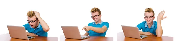Student med bärbar dator isolerad på vit — Stockfoto