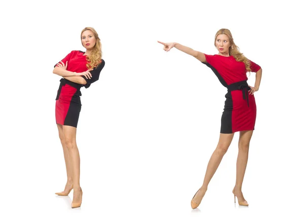 Krásná dáma v červených černých šatech izolované na bílém Stock Obrázky