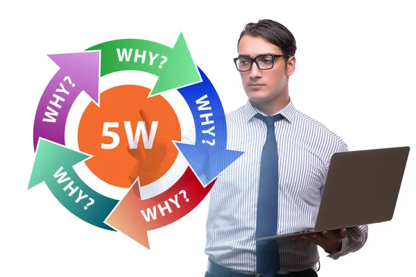Five whys concept with businessman pressing virtual button — Stock Photo, Image