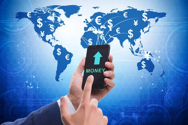 Global money transfer and exchange concept with businessman — Stock Photo, Image