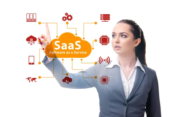 Програмне забезпечення як послуга - SaaS концепція з діловою жінкою — стокове фото