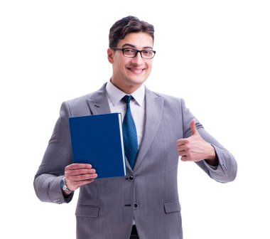 Beyaz sırtında izole edilmiş bir kitap okuyan işadamı öğrencisi