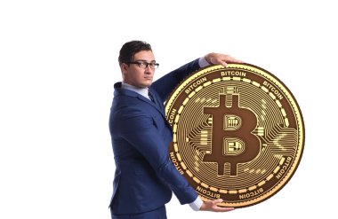 Bitcoin 'i olan bir işadamı beyaz arka planda izole edilmiş