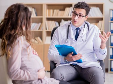 Hamile kadın muayene için doktoru ziyaret ediyor.