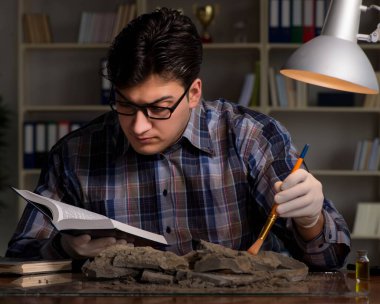 Arkeolog geç saatlere kadar ofiste çalışıyor.