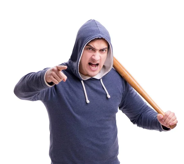 Young man hooligan with baseball bat isolated on white — Stock Photo, Image