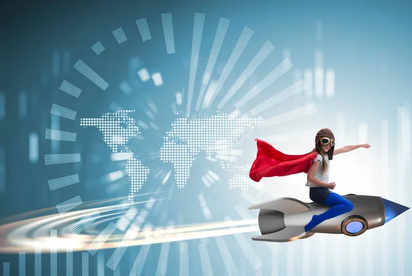 Süper kahraman kavramında küçük bir kız roket uçuruyor.