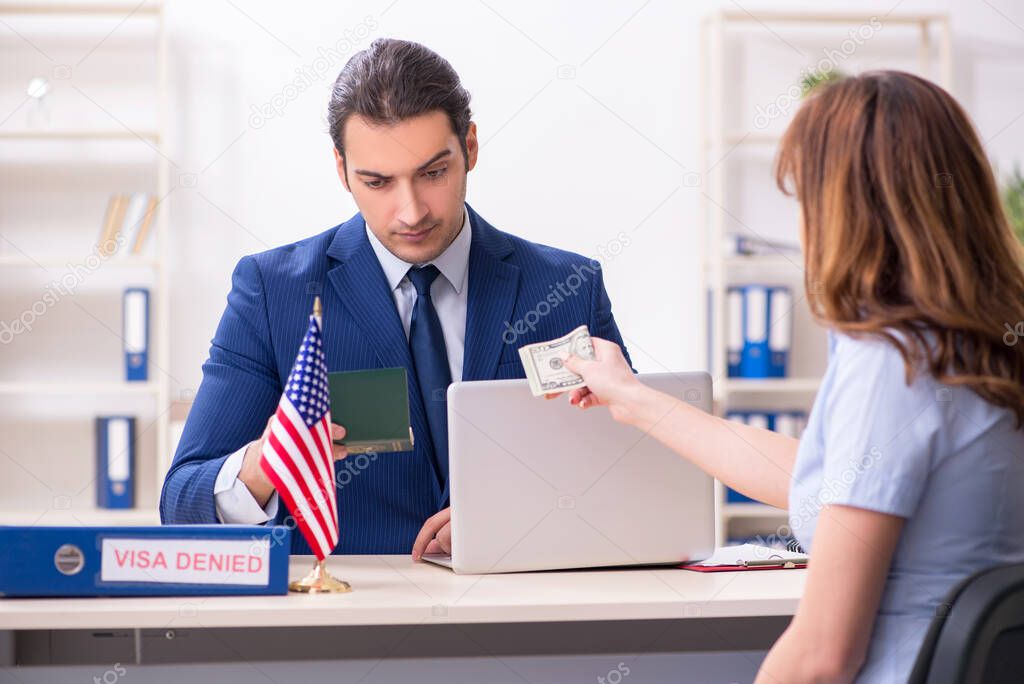 Young woman visiting american embassy for visa