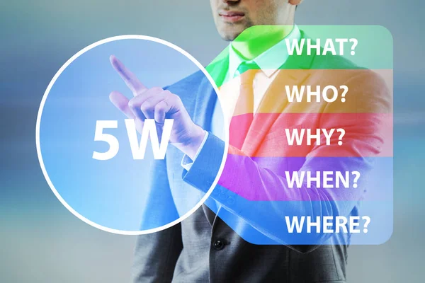 Five whys concept with businessman pressing virtual button — Stock Photo, Image