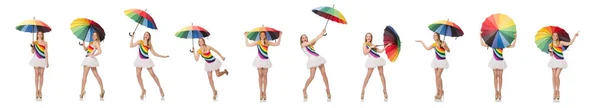 Mulher com guarda-chuva colorido no branco — Fotografia de Stock