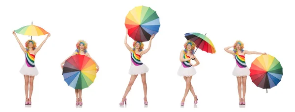 Woman with colorful umbrella on white — Stock Photo, Image