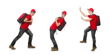 Sırt çantalı genç gezgin beyaza izole edilmiş.